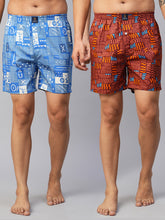 Men's Multicolor, 100% Cotton, Printed, Regular Fit, Inner Elastic, Mid-Rise, Boxers- Pack of 2
